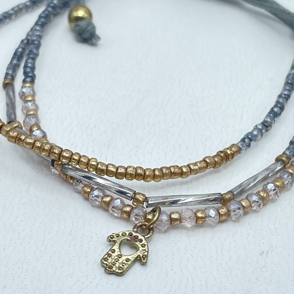 Vintage Y2K Hamsa Charm Beaded Bracelet Adjustable Cord Gold Gray Seed Beads